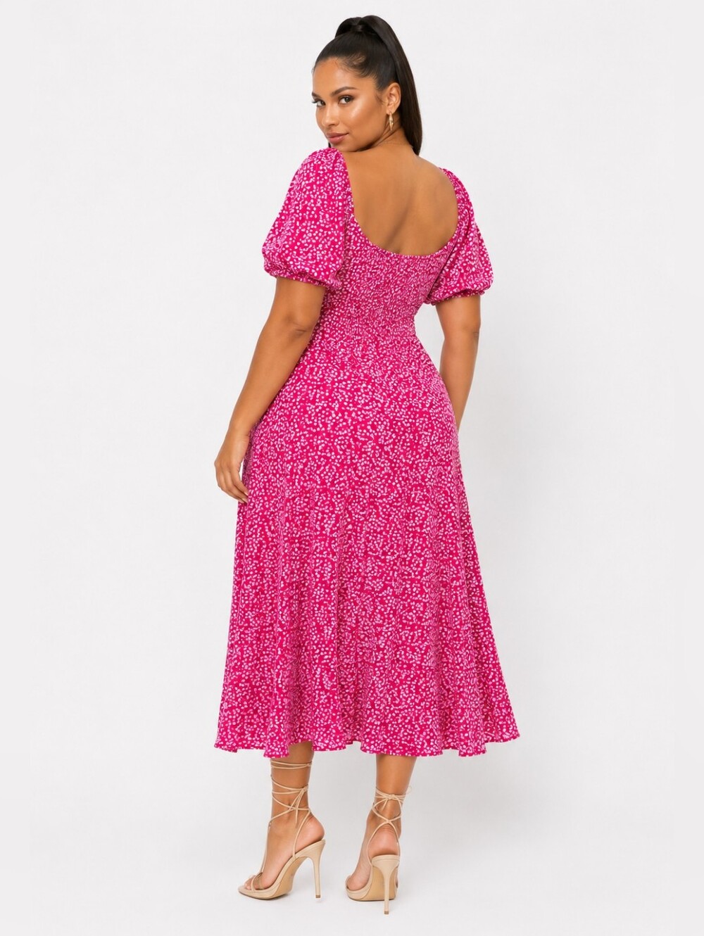 Finjani Plus Size Pink Floral Midi Dress Puff Sleeve Side Slit. Size 1XL - Picture 3 of 8